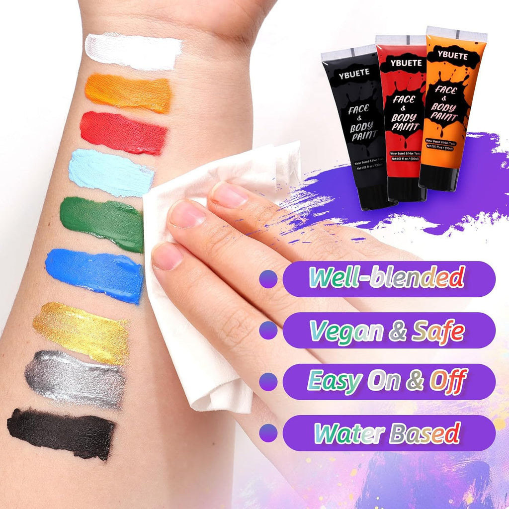 Ybuete 3Pcs Face Body Paint, Professional Paint For Halloween Cosplay Costume Party, Full-Coverage Multi-Color Cream Makeup Body Paint For Adult Halloween Cosplay Sfx Makeup Paint (White+Black+Silver)