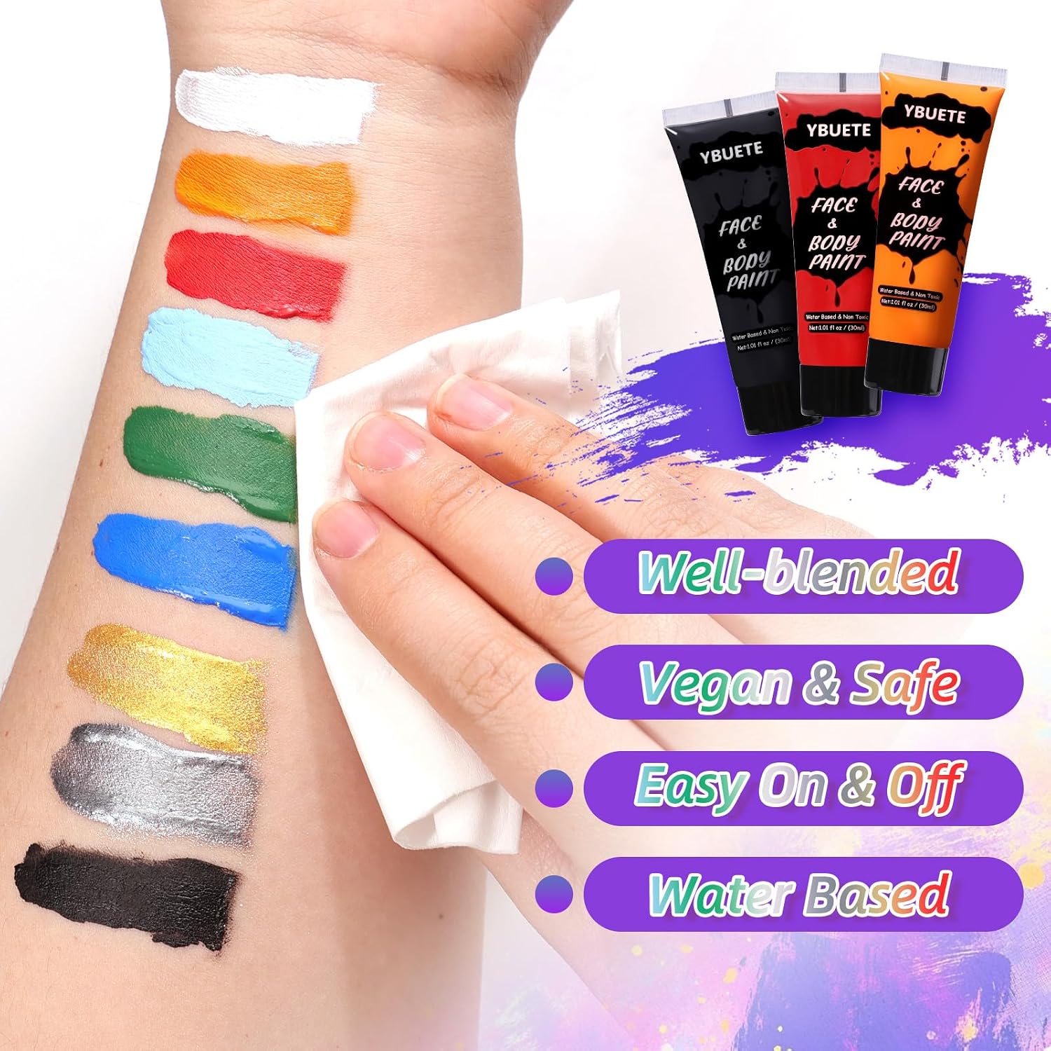 Ybuete 3Pcs Face Body Paint, Professional Paint For Halloween Cosplay Costume Party, Full-Coverage Multi-Color Cream Makeup Body Paint For Adult Halloween Cosplay Sfx Makeup Paint (White+Black+Silver)