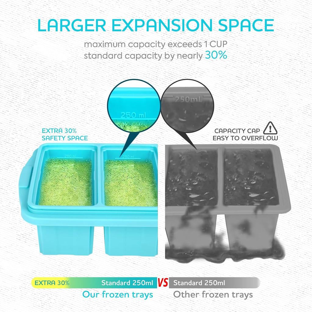 Silicone Freezer Tray With Lid - Soup Freezer Container Molds - Large Ice Cube Tray- Makes 8 Perfect 1 Cup Portions Cubes, 2-Pack Freezer Storage Food Soups & Meal Prep - Oven & Dishwasher -Safe