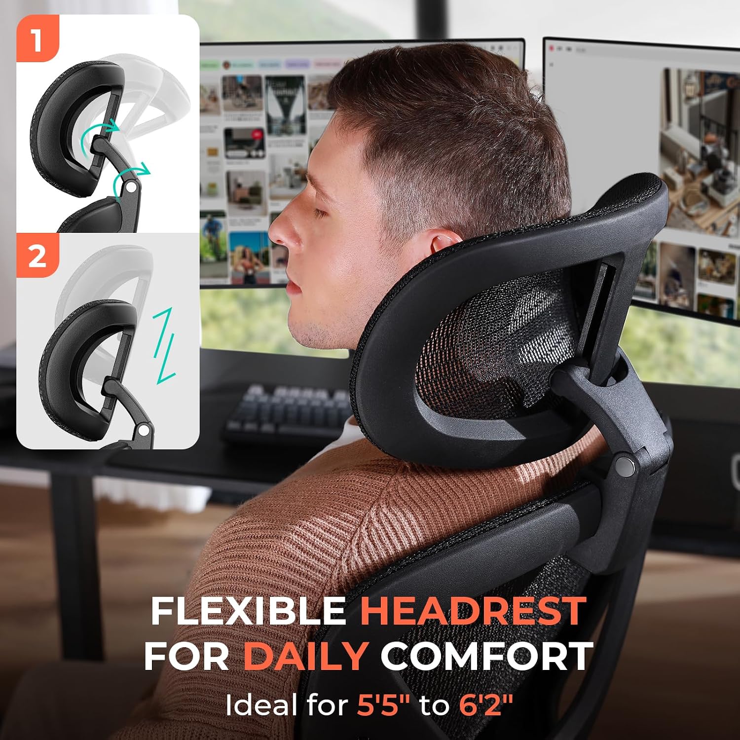 Ergonomic Mesh Office Chair, Adjustable Lumbar High Back Desk Chair 400Lbs, 4D Flip-Up Arms, 3-Level Tilt Backrest, 3D Headrest, Pu Wheels, Swivel Rolling Computer Seating For Long Desk Work