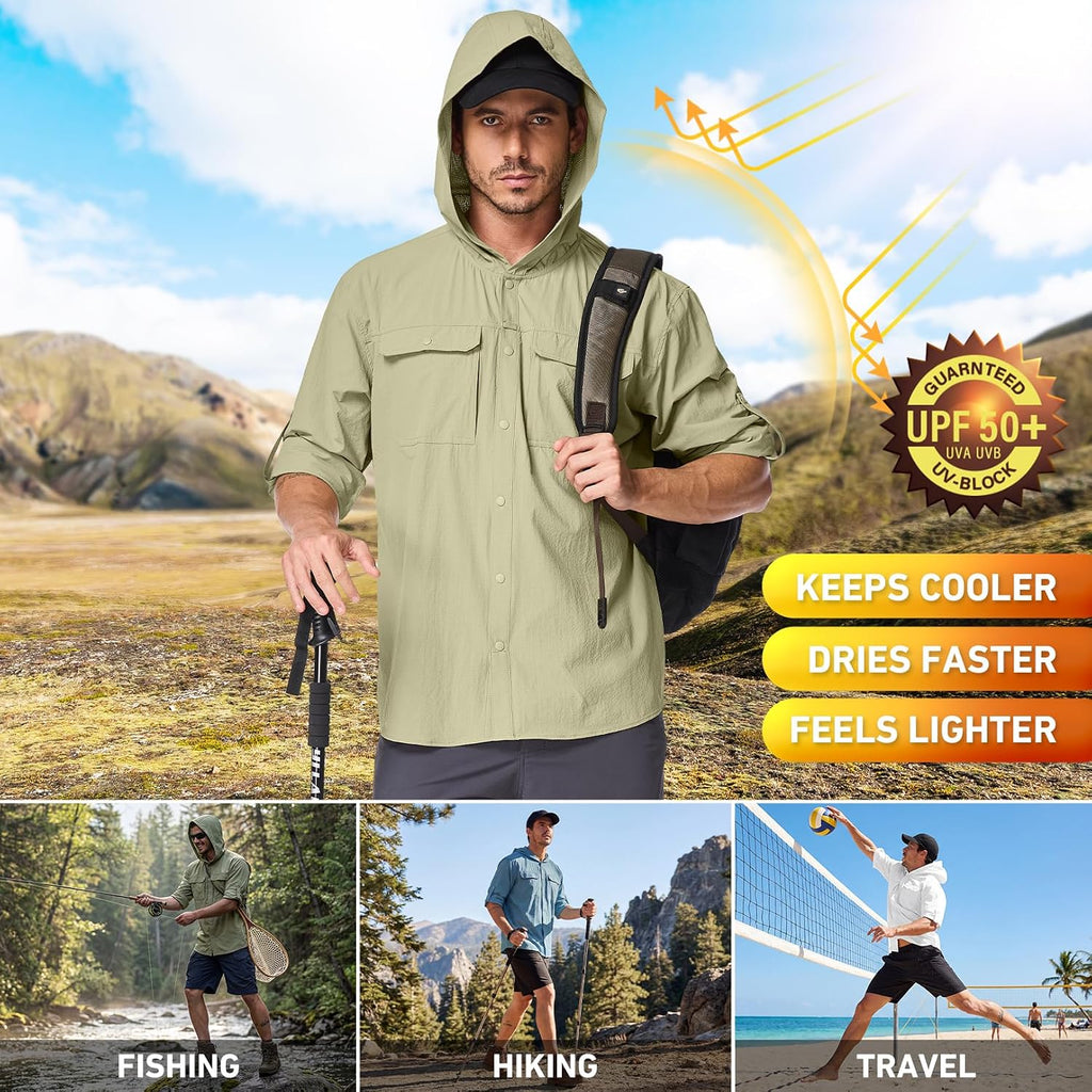Mens Sun Protection Hiking Fishing Safari Shirts With Hood Long Sleeve Outdoor Quick Dry Shirts Hoodie