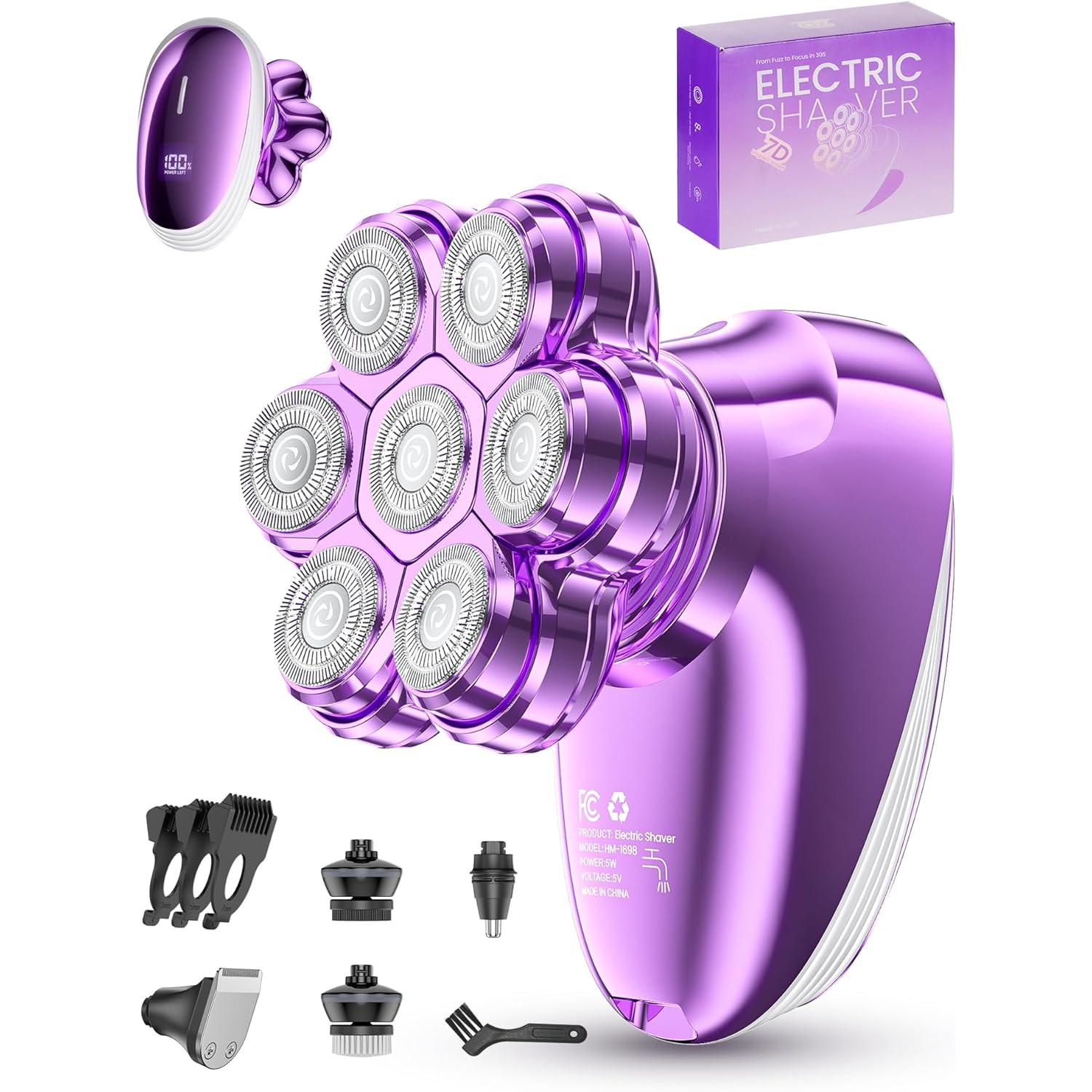 5-in-1 Electric Razors for Women, 7D Magnetic Heads Full Body Shaver, Waterproof Wet Dry Hair Remover with LED Display, Rechargeable Bikini Trimmer for Underarms, Face, Legs, Lips, Arms (Purple)