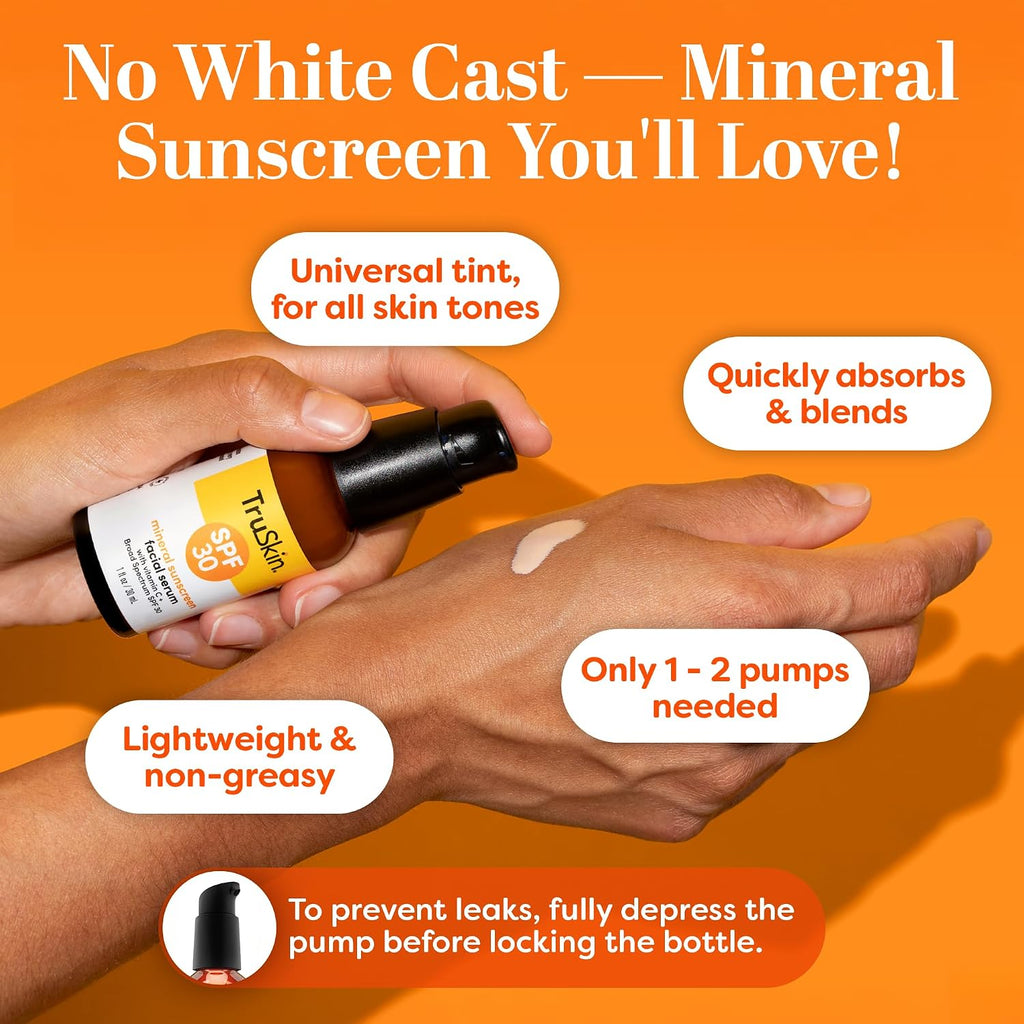 Truskin Sunscreen Serum For Face - Spf 30 Universal Tinted Mineral Sunscreen Face Serum With Zinc Oxide - Sheer, Lightweight Finish With Vitamin C, Hyaluronic Acid, Ceramides & Niacinamide, 1 Fl Oz