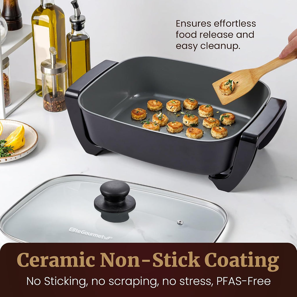 Elite Gourmet 15" X 12" X 4" Electric Skillet, Xtra Deep Dish, Ceralast™ Pfas Free Ceramic, 1500W Rapid Heat, Tempered Glass Vented Lid, Dishwasher Safe, 12.5 Qt., Black/Gray