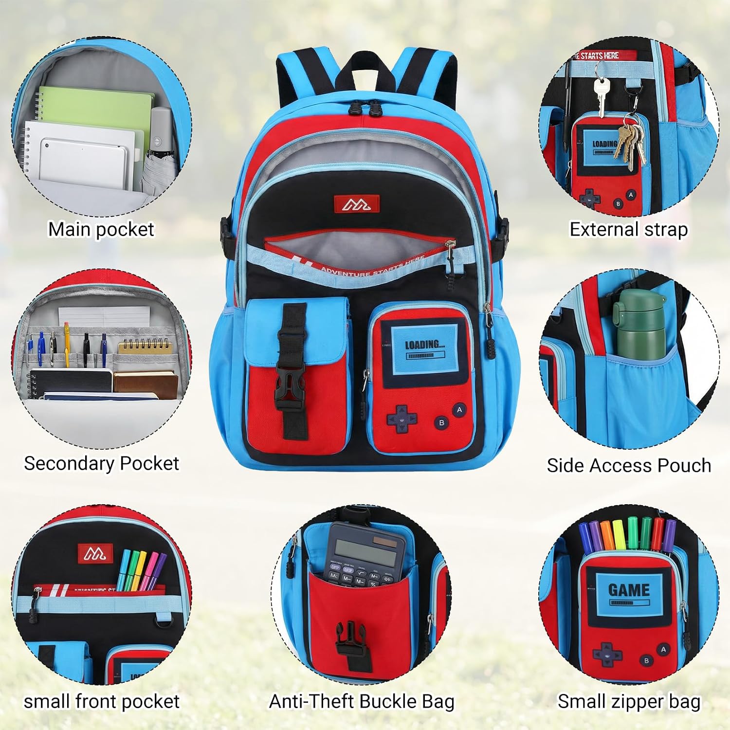 School Backpack For Boys - 4Pcs Gamer Boys Backpack With Lunch Box Set For Elementary Middle School - Students Bag For Ages 6-18,18″ Video Game Bookbag Travel Back Pack