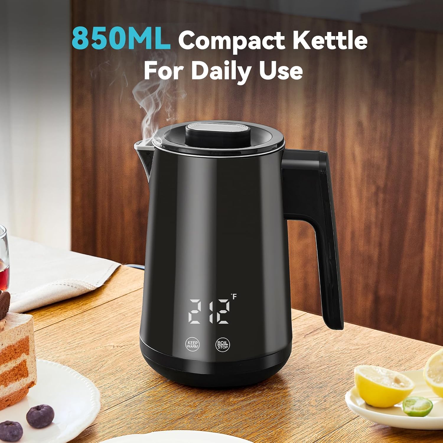 Seehot® 850Ml Small Electric Kettle Temperature Control,800W Double Wall Electric Tea Kettle Of 304 Stainless Steel,5 Temp Presets,Hot Water Kettle Electric,Auto Shut Off For Tea And Coffee-Black