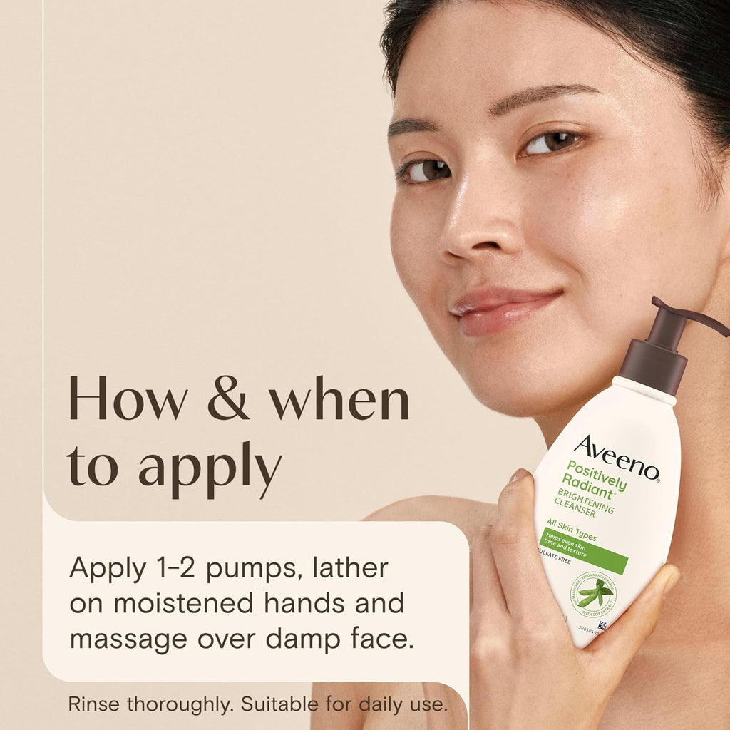 Aveeno Positively Radiant Brightening Facial Cleanser With Moisture Rich Soy Extract, Helps Even Skin Tone & Texture While Gently Lifting Away Dirt, Oil & Makeup, Sulfate-Free, 11 Fl. Oz