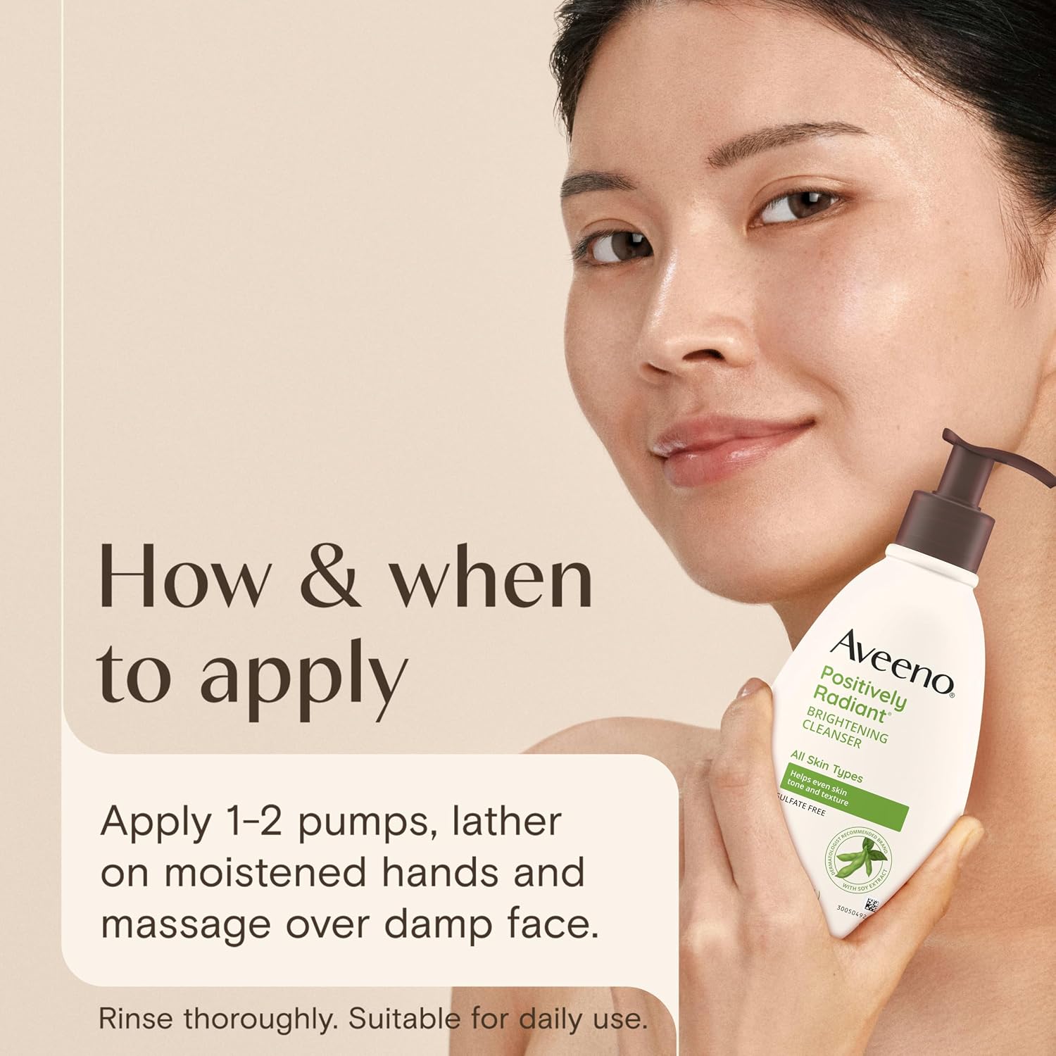 Aveeno Positively Radiant Brightening Facial Cleanser With Moisture Rich Soy Extract, Helps Even Skin Tone & Texture While Gently Lifting Away Dirt, Oil & Makeup, Sulfate-Free, 11 Fl. Oz