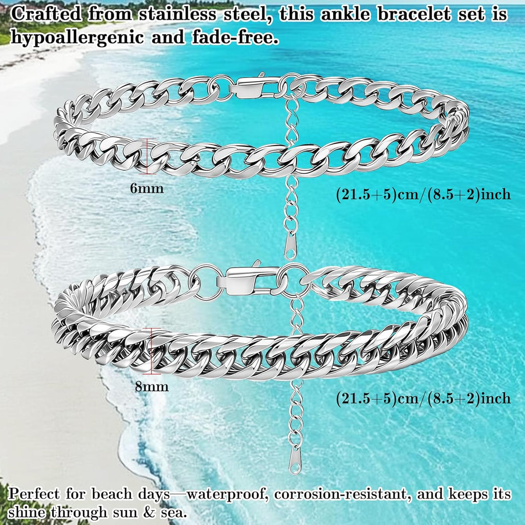 2PCS Ankle Bracelets for Women - Gold/Silver Plated Stainless Steel Anklets Set - Waterproof Layered Cuban Link Chain Anklet Bracelet Summer Beach Foot Jewelry Gifts for Women