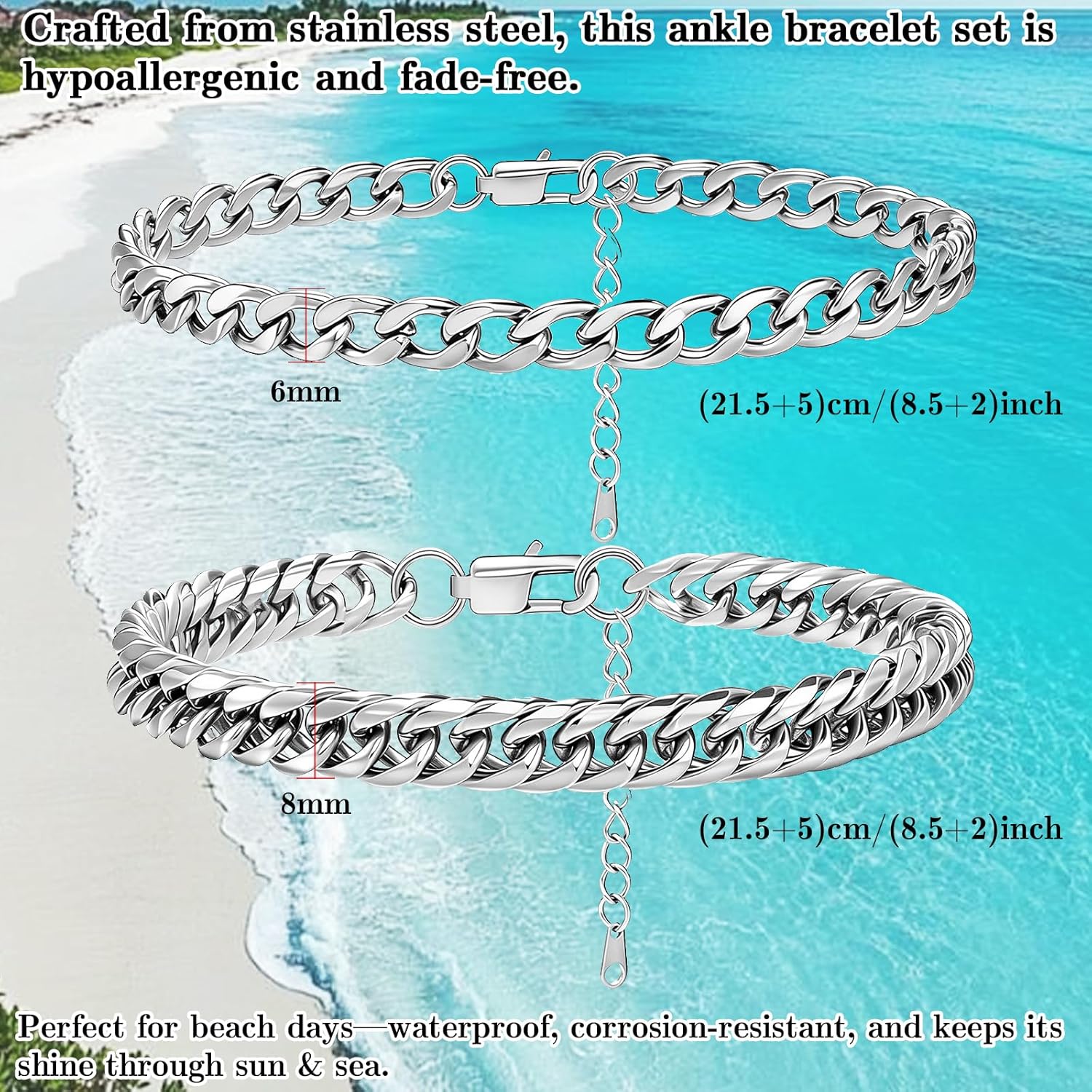 2PCS Ankle Bracelets for Women - Gold/Silver Plated Stainless Steel Anklets Set - Waterproof Layered Cuban Link Chain Anklet Bracelet Summer Beach Foot Jewelry Gifts for Women
