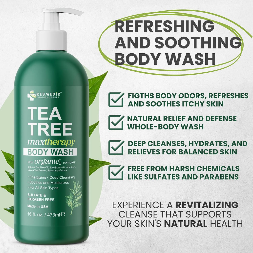 Kesmedik Tea Tree Body Wash Maxtherapy With Eucalyptus, Aloe & 100% Tea Tree Oil For Skin, Cleans, Soothes And Refreshes Sensitive, Itchy Skin, Body & Foot Soap For Men & Women, 2-Pack