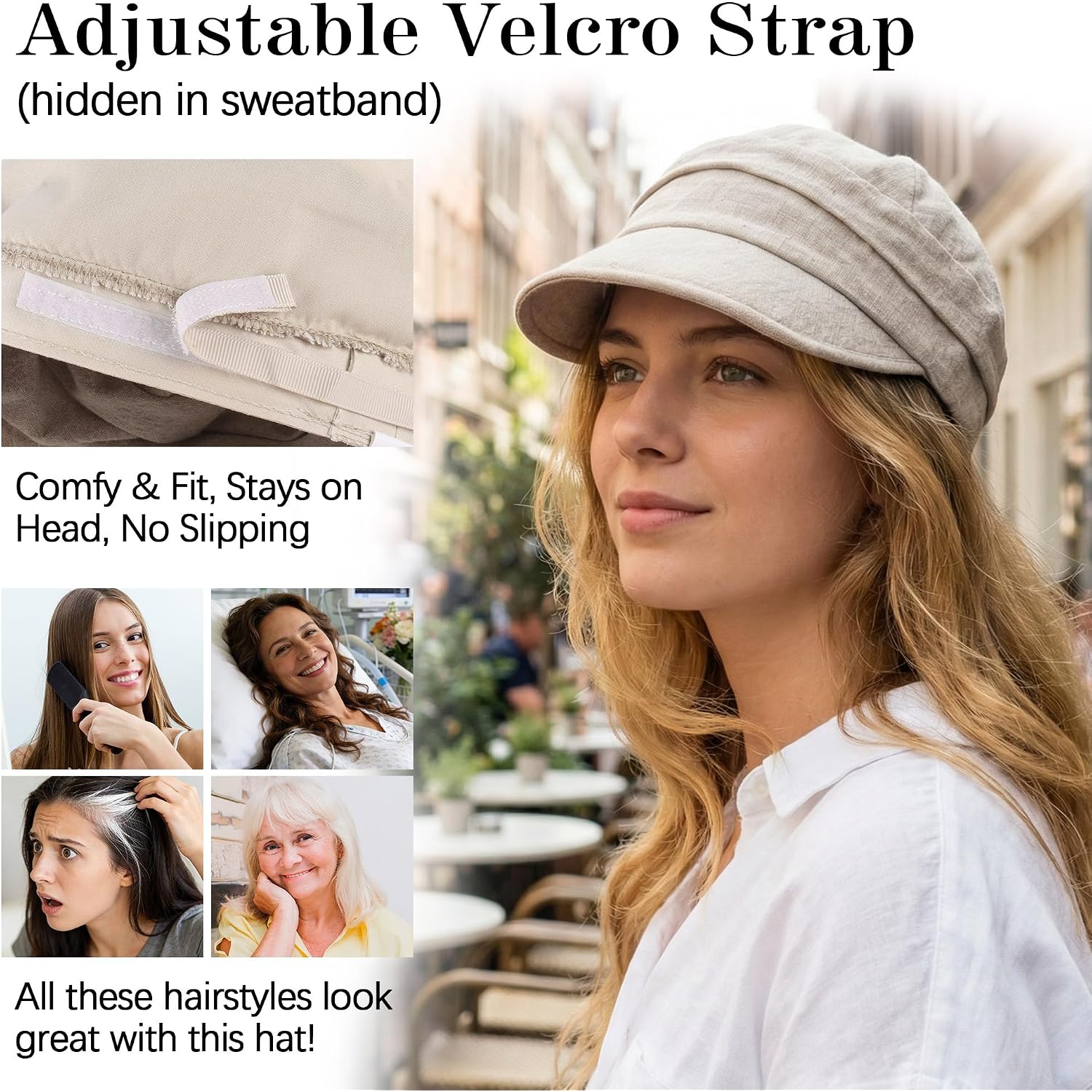 Moisture Wicking Linen Newsboy Cap, Adjustable Lightweight Visor Beret Skin-Friendly Hair Loss Cap Hat Beige