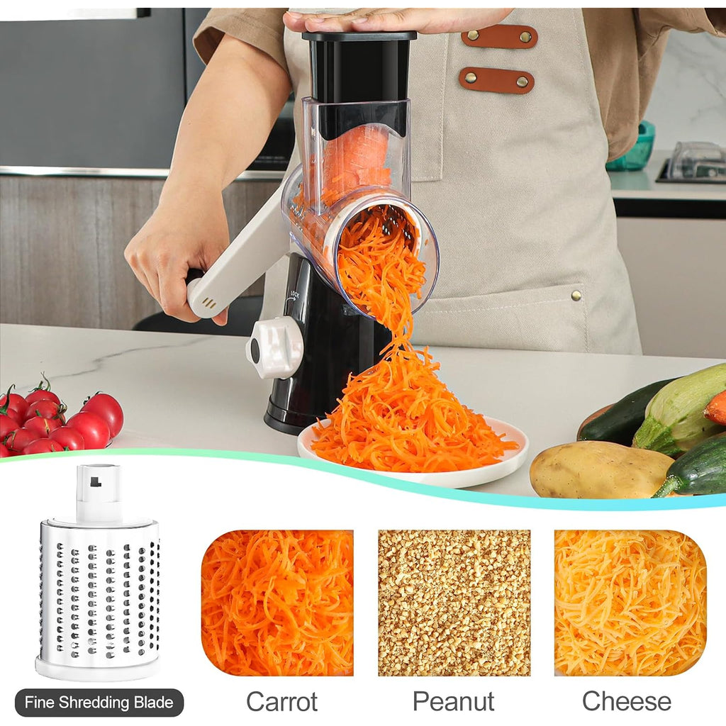 Ourokhome Rotary Cheese Grater Hand Crank, Kitchen Shredder Speed Mandolin Slicer Nuts Grinder With Handle And Drum Blades For Cheese, Vegetable, Walnut, Chocolate, Potato, Carrot, 3 Blades, Black