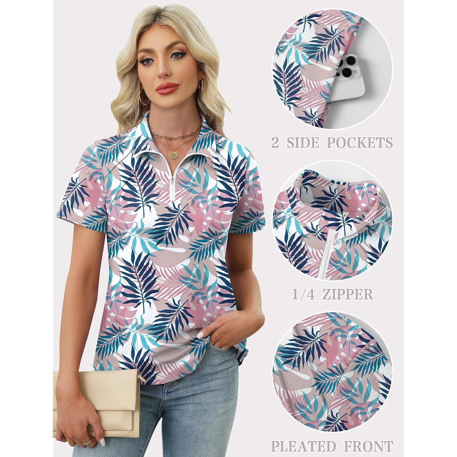 Lomon Womens Golf Polo Shirts Summer Short Sleeve 1/4 Zip Tops Moisture Wicking Casual Tennis Activewear With Pockets