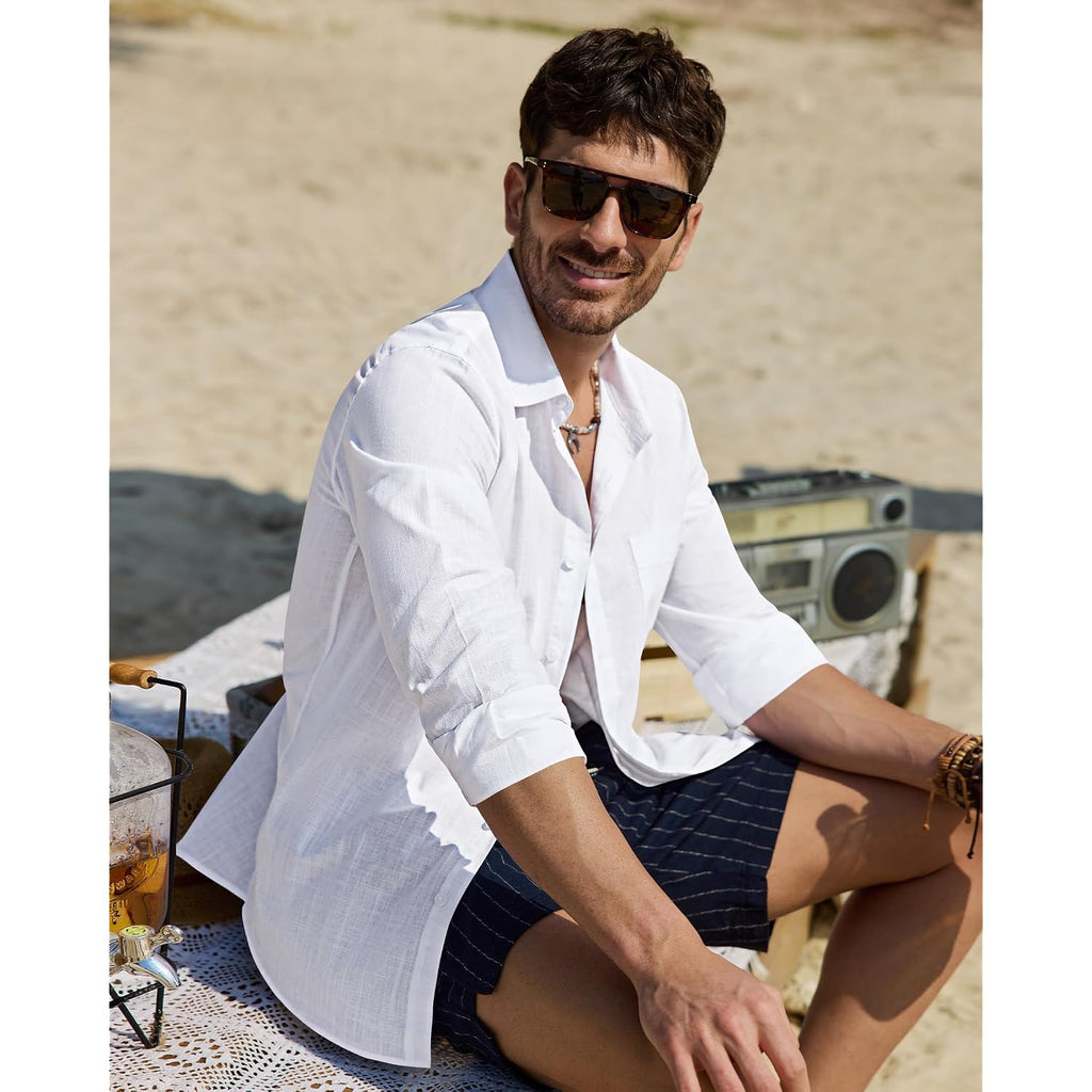 Alimens & Gentle Mens Cotton Linen Textured Shirt Long Sleeve Button Down Shirts Casual Summer Beach Wedding Tops With Pocket