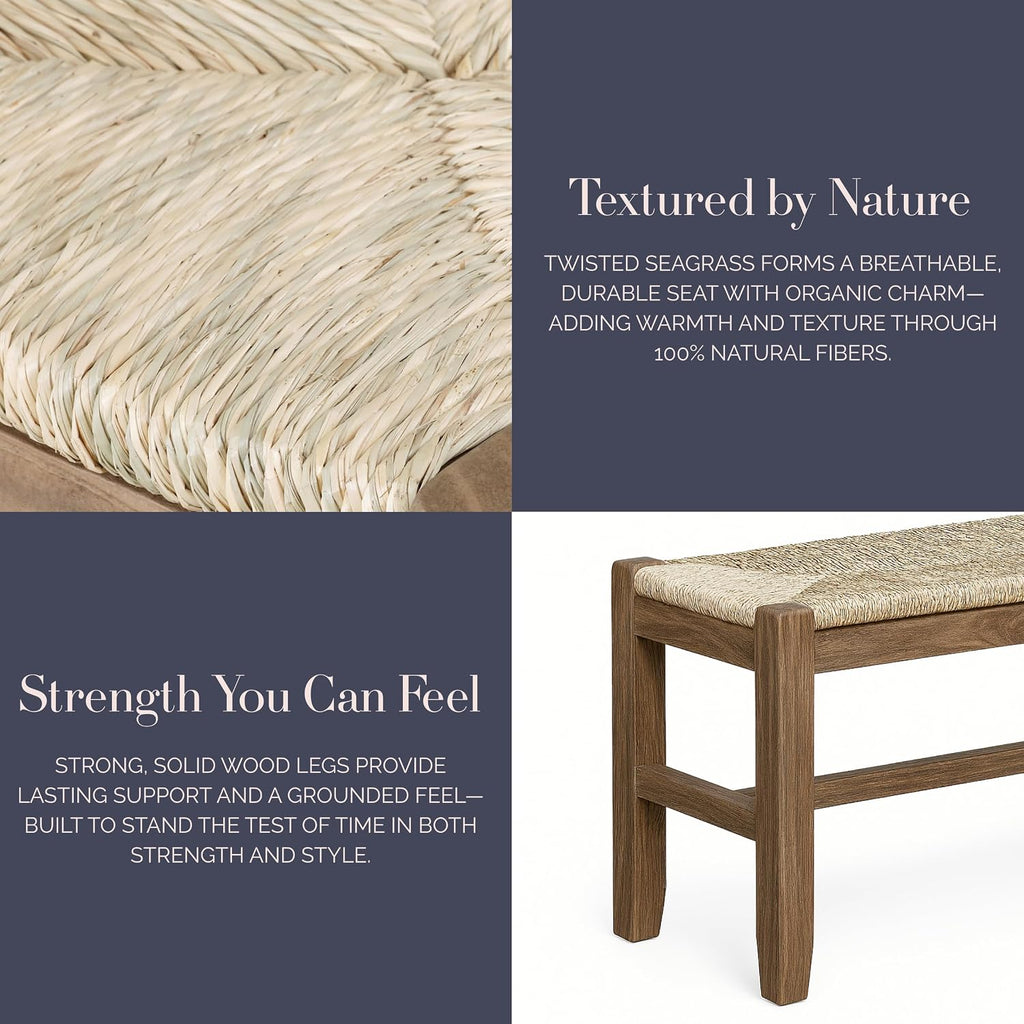 Alaterre Newport Solid Wood Entryway Bench With Rush Seat, Natural | 40” Shoe Bench, Modern Farmhouse Indoor Table Bench With Natural Seagrass Rush Seat, For Mudroom, Dining Room, Or Kitchen