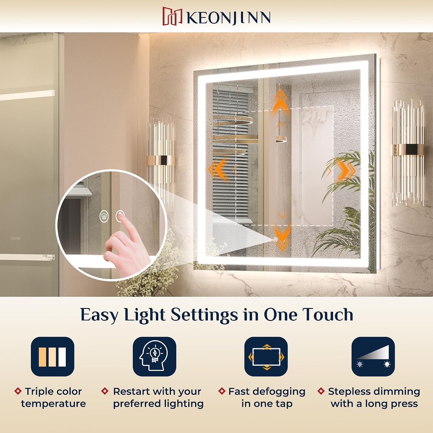 Keonjinn 32 X 36 Inch Led Bathroom Mirror With Frontlit & Backlit, Anti-Fog Mirror With Lights, Stepless Dimming, 3-Color Temperature, Hd Tempered Glass Wall Mirror For Modern Bathroom