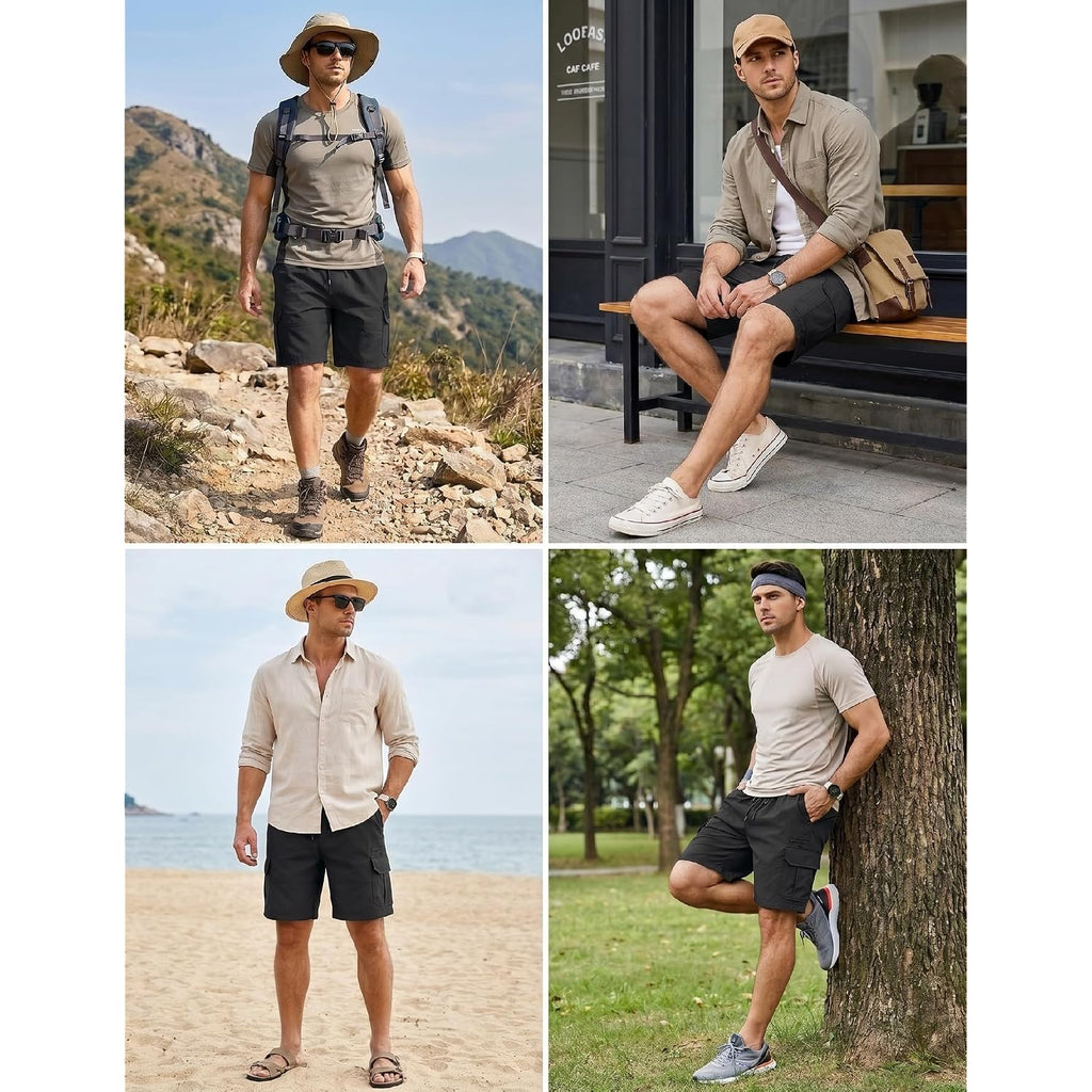 Uni Clau Men'S Elastic Waist Cargo Shorts 6 Pockets Utility Hiking Shorts | Waistband Drawstring，Casual Beach Shorts,Summer Lightweight Athletic Work ,Multi Functional Shorts,Machine Washed