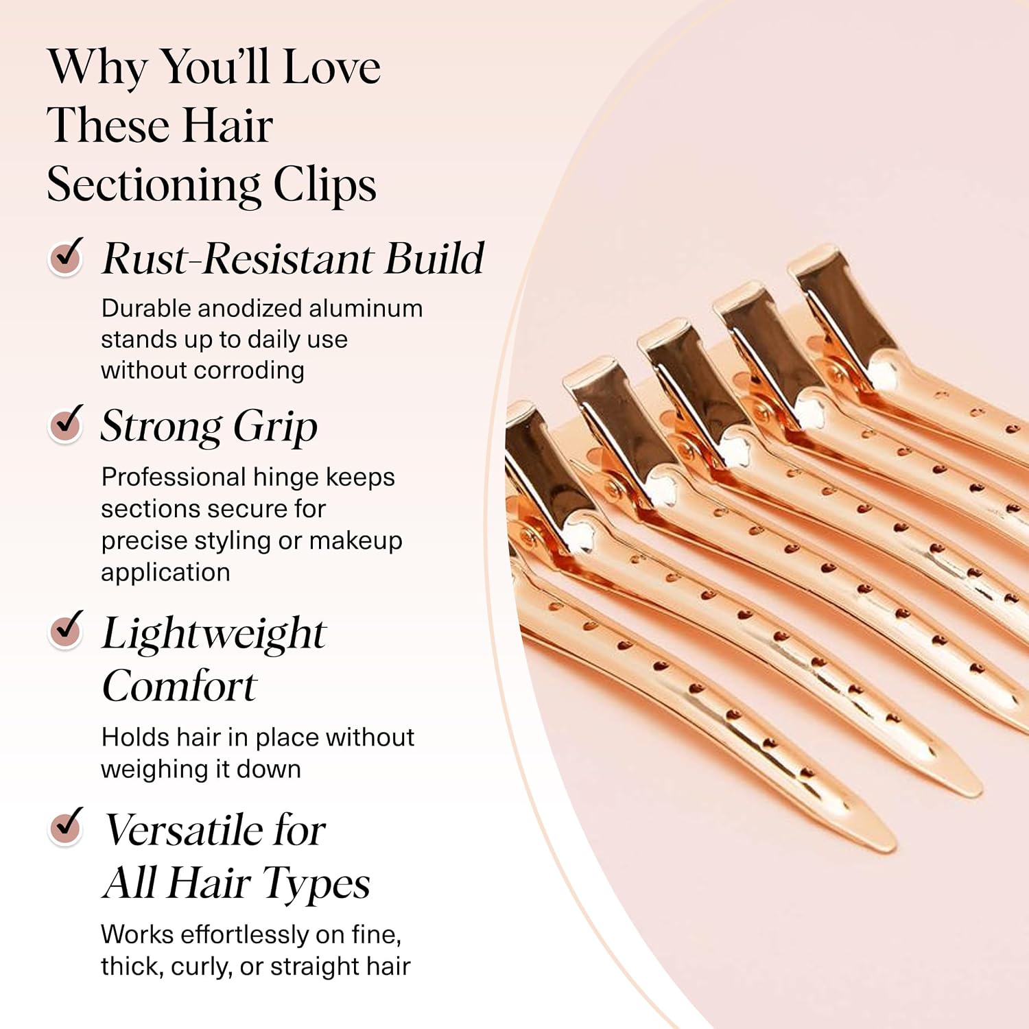 Kitsch Professional Alligator Clips - 3.5" Aluminum Duckbill Hair Clips For Styling | Great For Salon & Makeup Application - Rose Gold, 6 Pcs