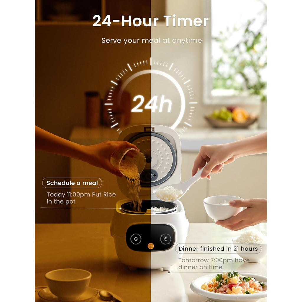 Comfee' Mini Rice Cooker 4 Cups Cooked/2 Cups Uncooked, Portable Non-Stick Rice Maker, 24 Hours Timer Delay, 6 Functions, Fast Cooker, Brown Rice, Oatmeal, White