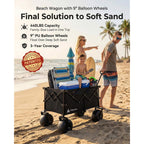 Hikenture Beach Wagon With Balloon Wheels, 9" Pu Tires Collapsible Wagon | 440Lbs Heavy Duty Beach Cart With Big Wheels For Sand, Large Capacity Utility Wagons Carts Foldable