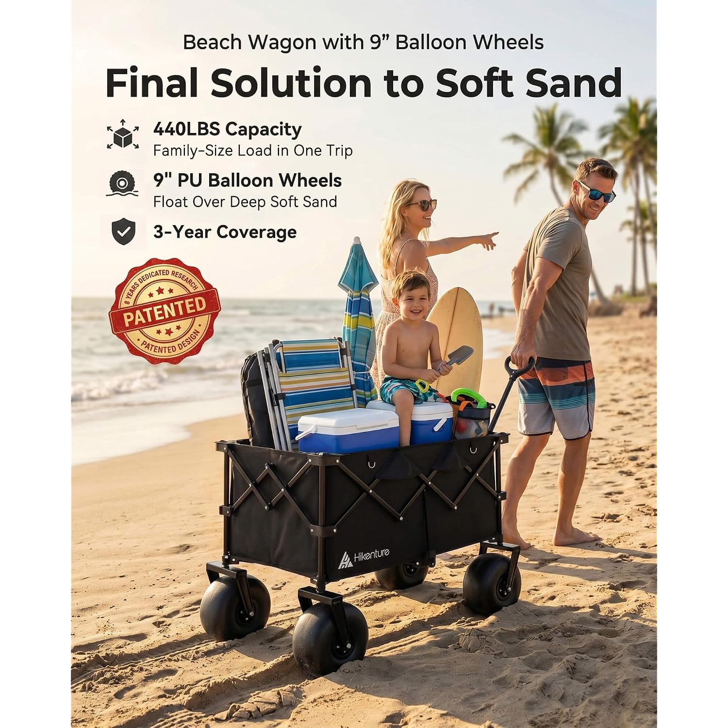 Hikenture Beach Wagon With Balloon Wheels, 9" Pu Tires Collapsible Wagon | 440Lbs Heavy Duty Beach Cart With Big Wheels For Sand, Large Capacity Utility Wagons Carts Foldable