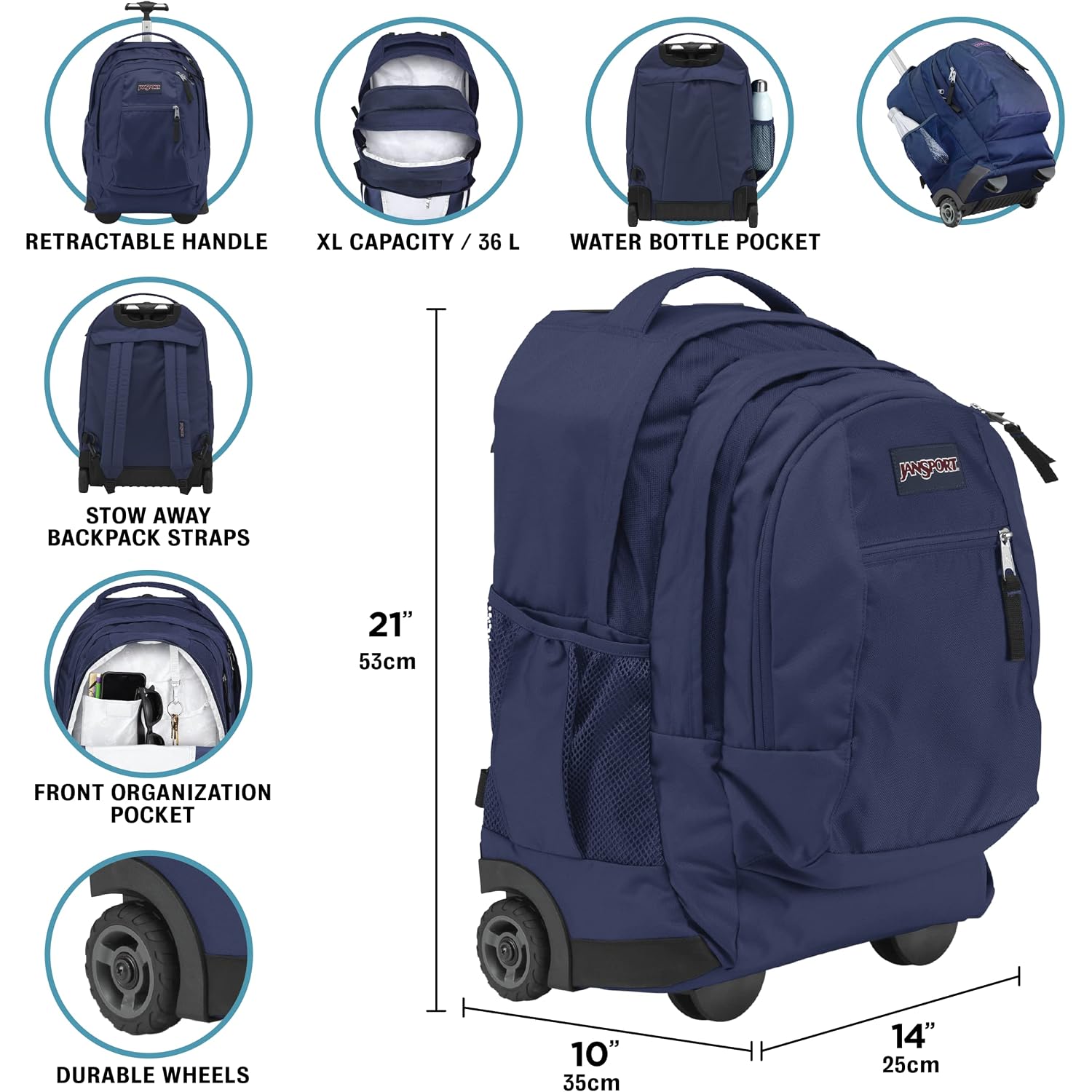 Jansport Driver 8 Rolling Backpack - Wheeled Travel Bag With 15-Inch Laptop Sleeve, One Size, Black