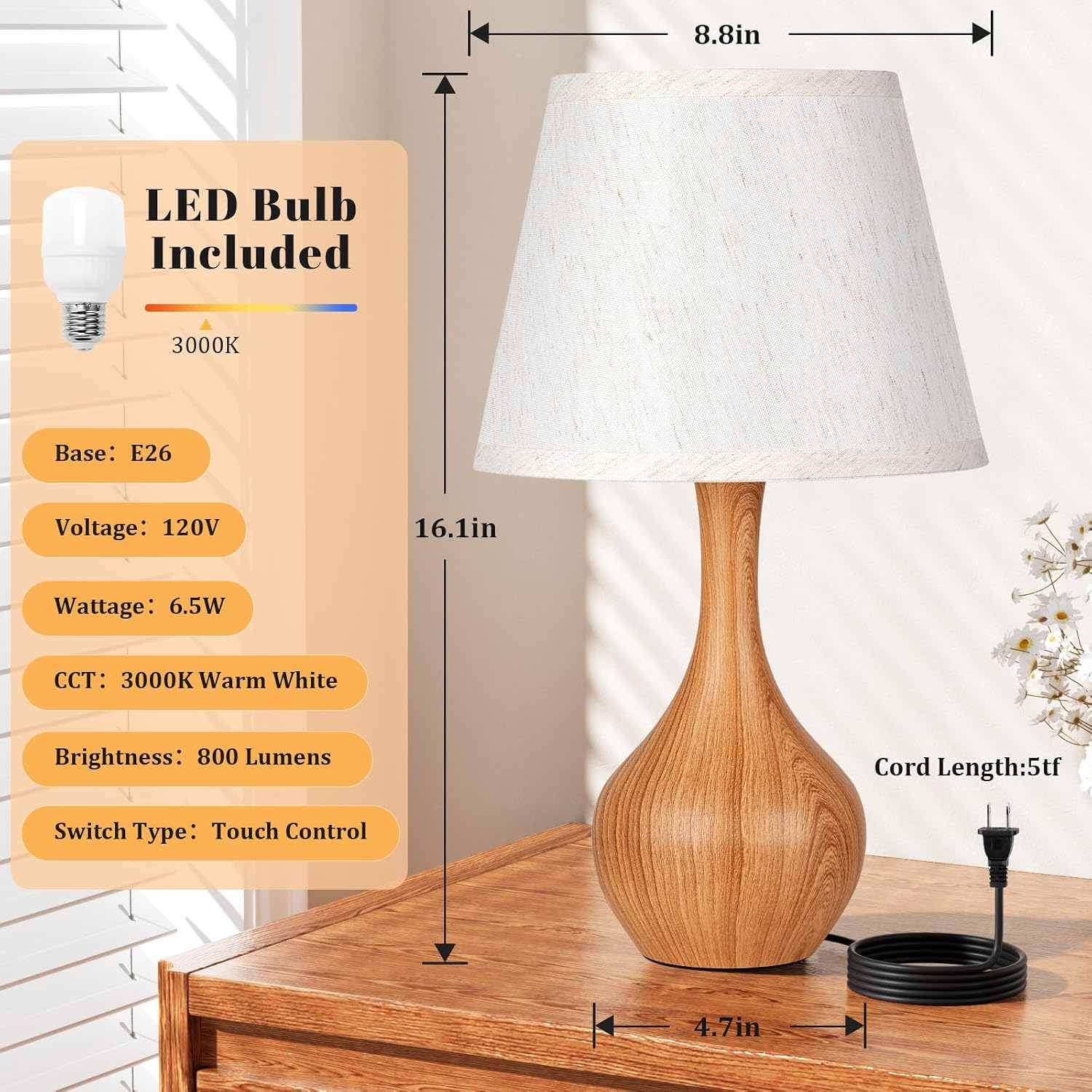 Touch Table Lamp For Bedroom, 3-Way Dimmable Small Bedside Lamps For Night Stands With Wires, Wood-Paint Desk Lamp For Kids Room, Office, Living Room, End Table(Led Bulb Included)