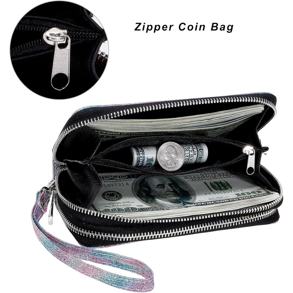 Double Zipper Wallet for Woman Clutch Purse with Cell Phone Holder for Smartphone/Card/Coin/Cash
