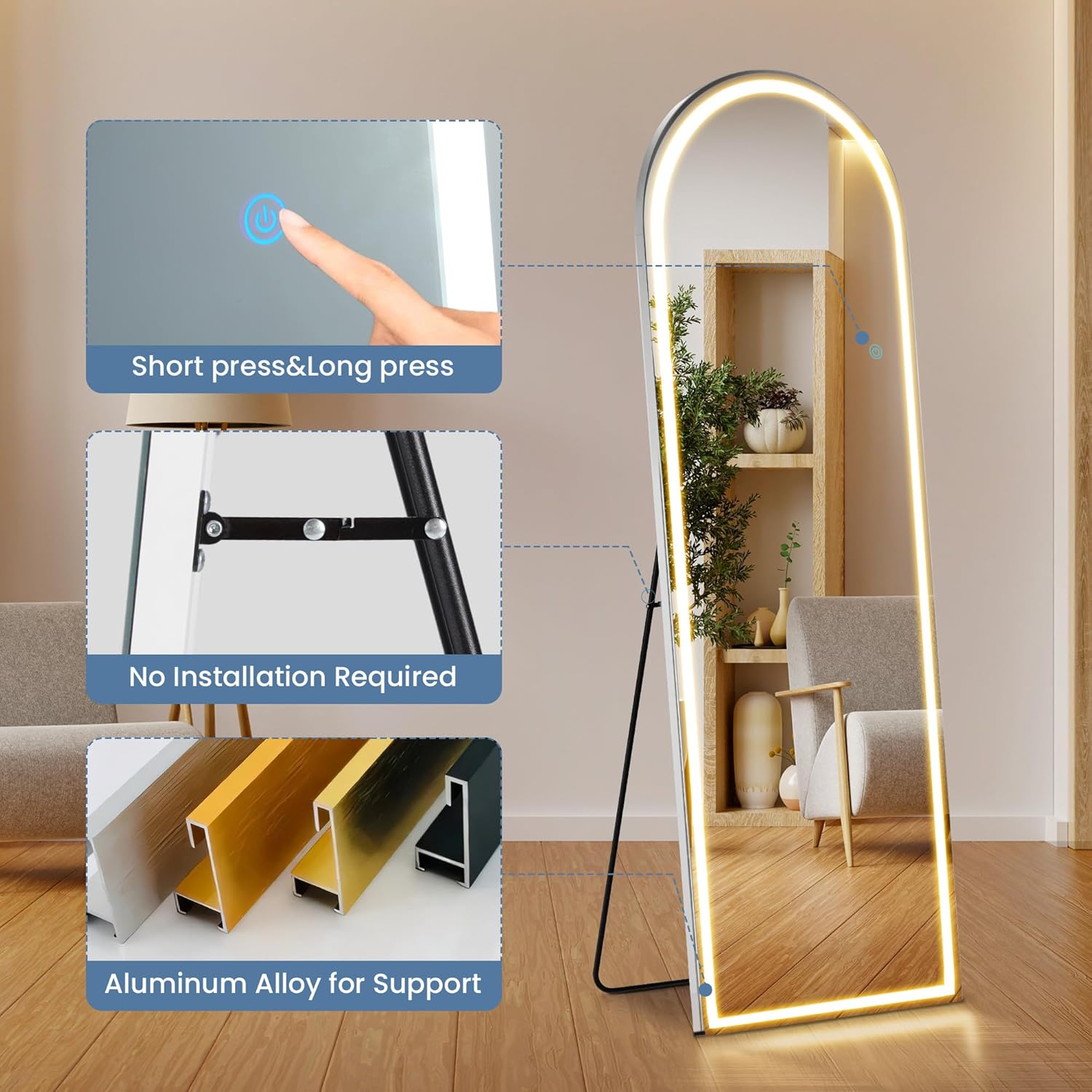 DUMOS Arched Full Length Mirror with Light - 20"×63" LED Floor Standing Mirror with 3 Color Lights & Wall Mounted for Bedroom, Dressing Room, Living Room, Bathroom