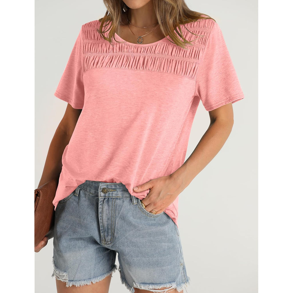 Women's Summer Tops 2026 Trendy Short Sleeve Shirts Smocked Crewneck Tee