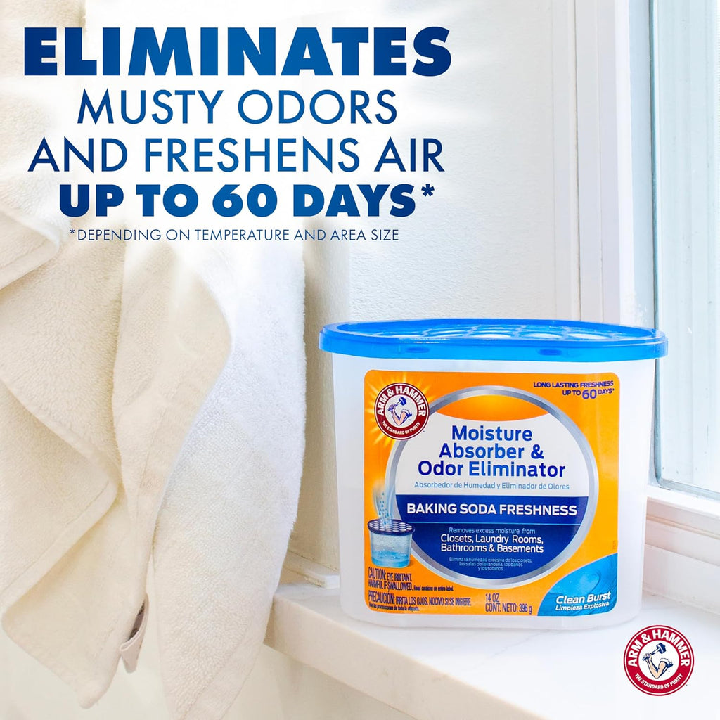 Arm & Hammer Clean Burst Moisture Absorber And Odor Eliminator Tubs, 14 Oz., 3 Pack, Attract And Trap Excess Moisture, Eliminate Musty Odors, Convenient And Effective