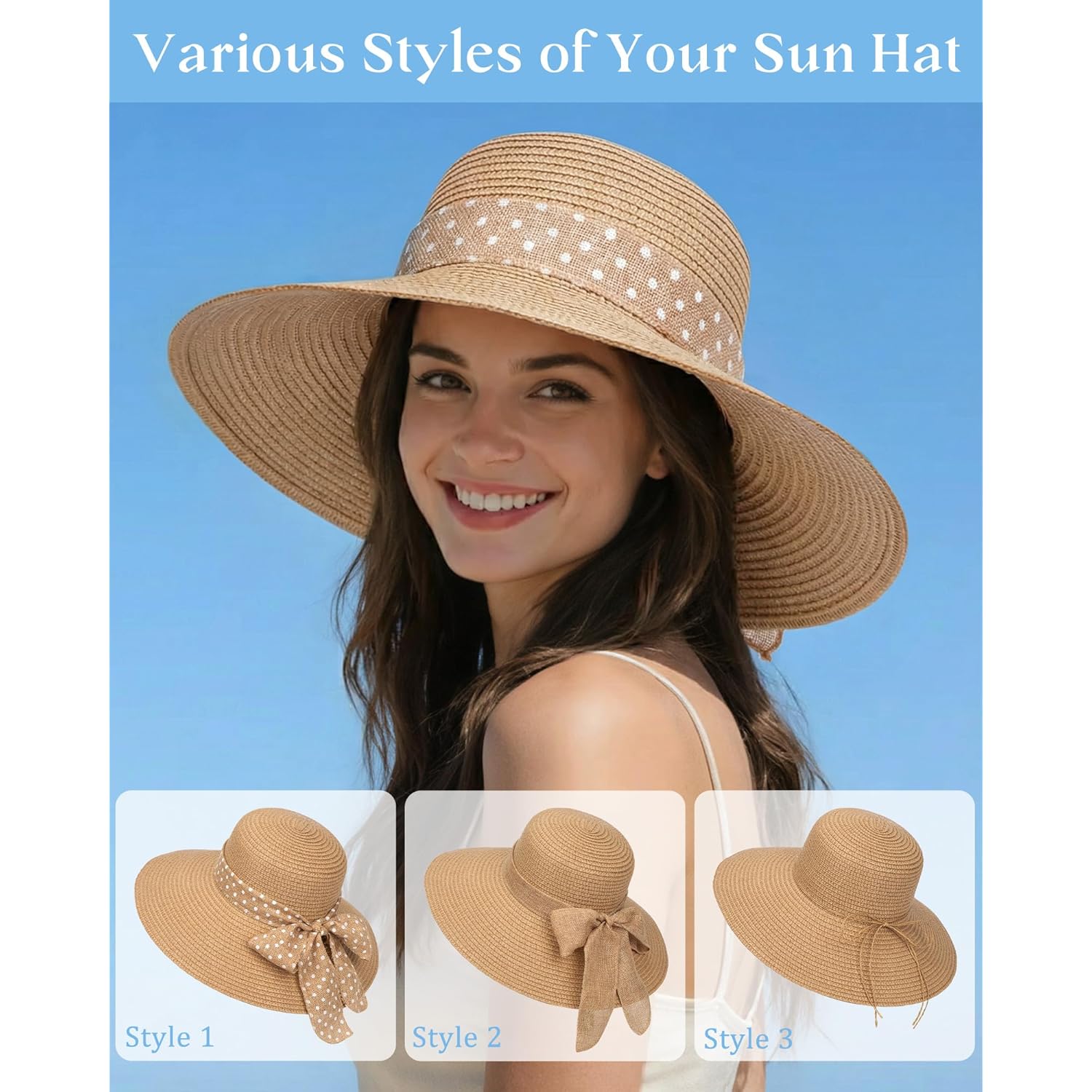 Senker Fashion Sun Hats for Women UV Protection, Wide Brim Beach Straw Derby Hat Packable Floppy for Summer Vacation UPF 50+