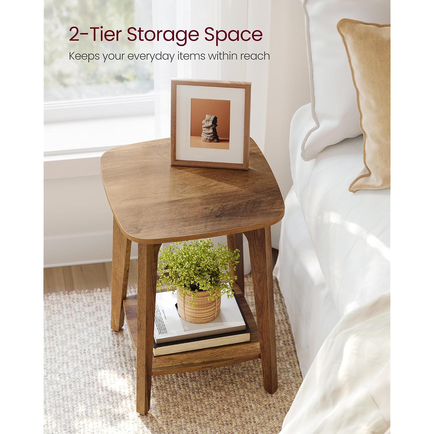 Vasagle Side Table, 2-Tier Small Square End Table, Nightstand | With Tapered Legs, Curved Transitions, Honey Brown, Maezo Collection, Ulet236K01