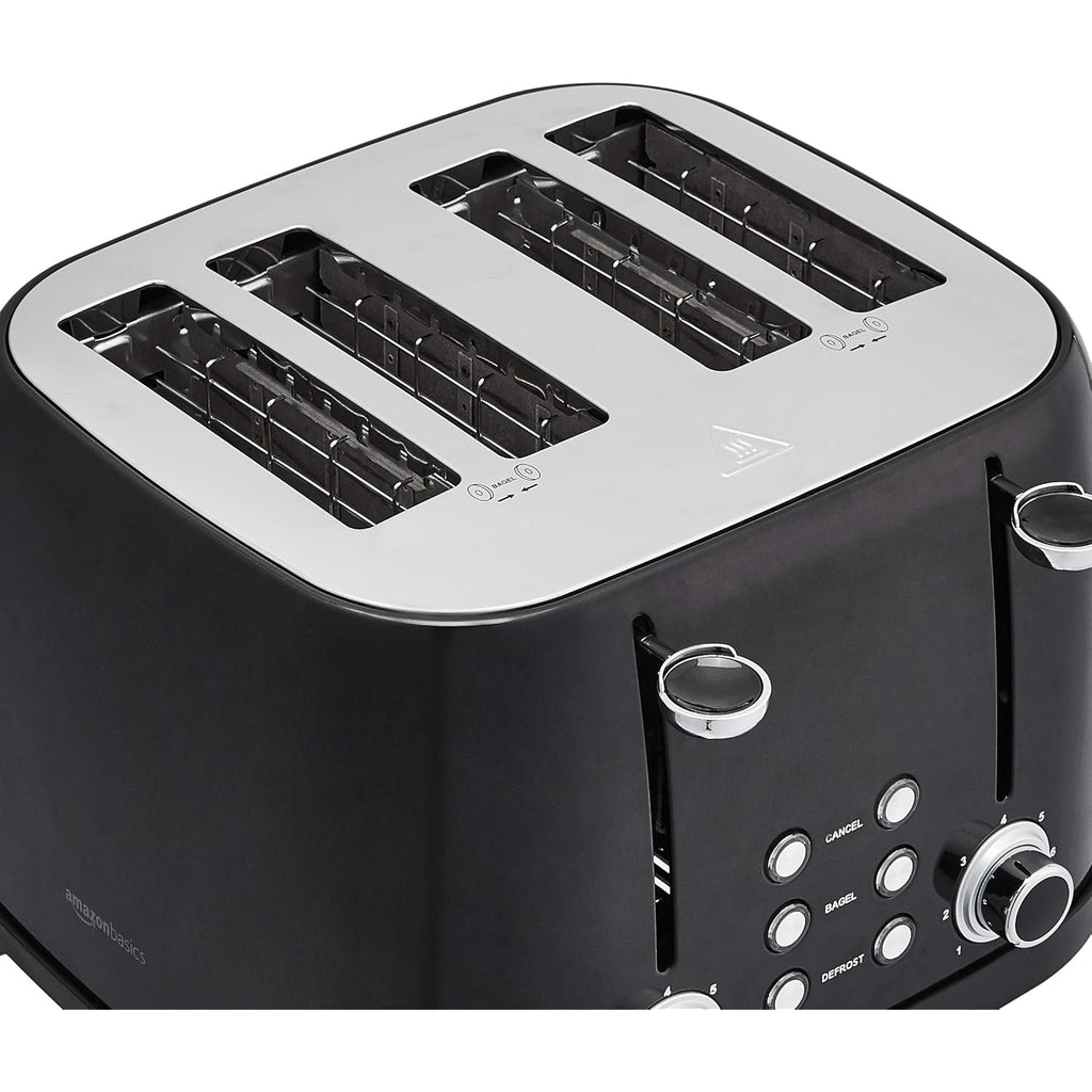 Amazon Basics 4 Slice Toaster with 4 Slots, 6 Browning Settings, Defrost, Removable Crumb Tray, Bagel Function, Cancel Button, 1600W, Black