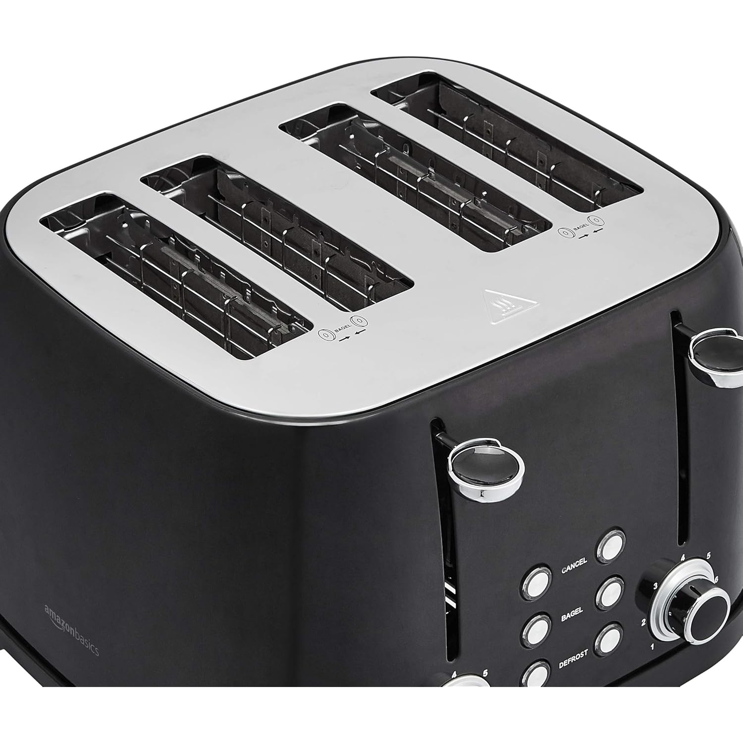 Amazon Basics 4 Slice Toaster with 4 Slots, 6 Browning Settings, Defrost, Removable Crumb Tray, Bagel Function, Cancel Button, 1600W, Black