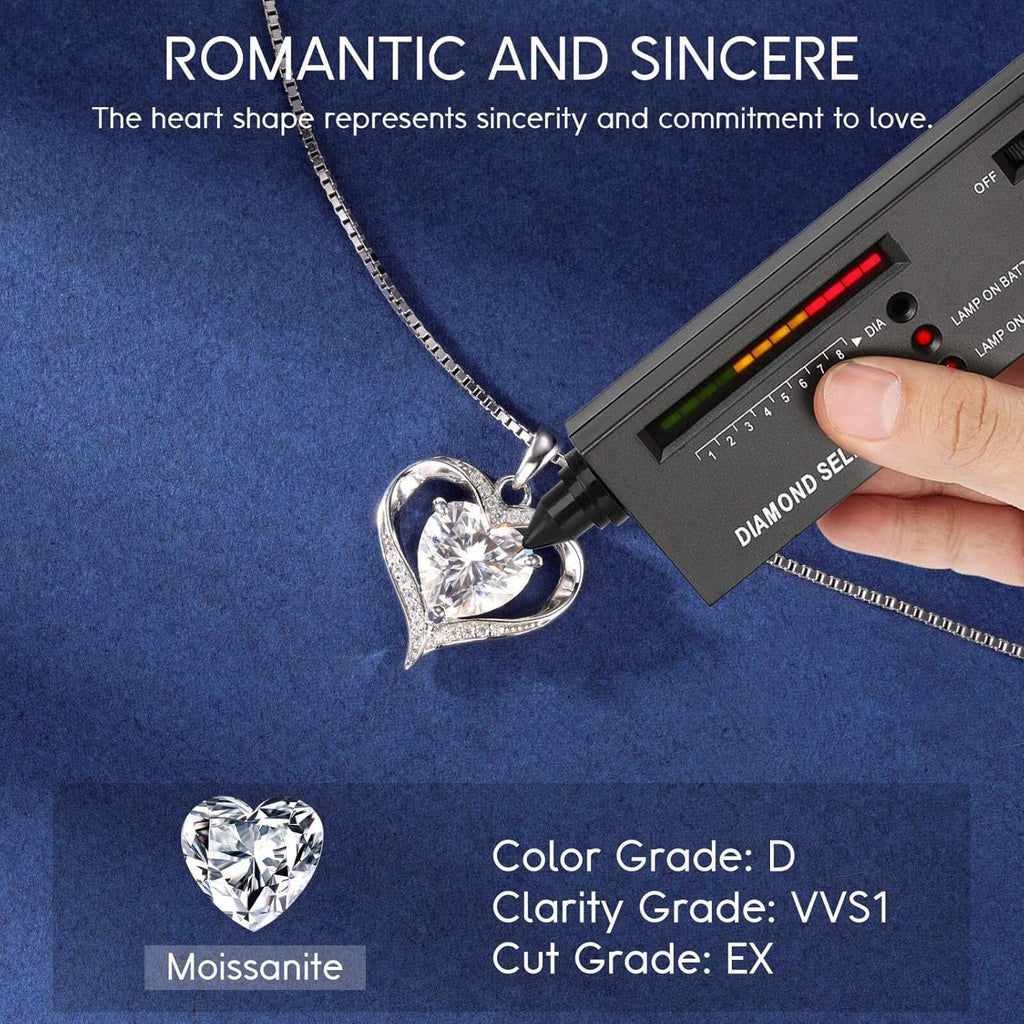 MOOSEA Mothers Day Gifts for Wife, 1-3CT Heart Moissanite Necklace for Women, 925 Sterling Silver with Rhodium Plating Moissanite Necklace Anniversary Birthday Mothers Day Gifts
