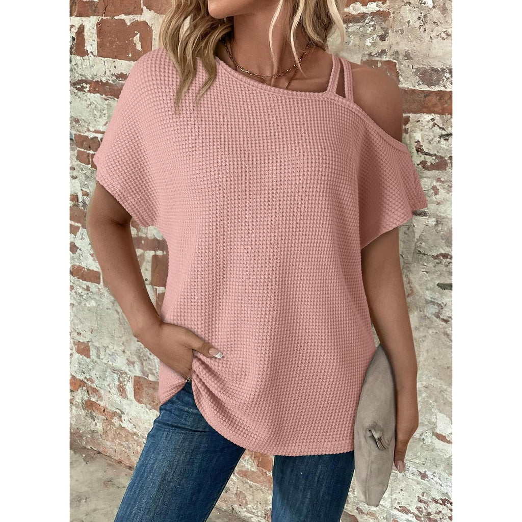 Dokotoo Womens Summer Tops Off One Shoulder Waffle Knit Short Sleeve T-Shirts Casual Lightweight Solid Color Blouses