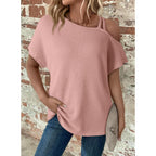 Dokotoo Womens Summer Tops Off One Shoulder Waffle Knit Short Sleeve T-Shirts Casual Lightweight Solid Color Blouses