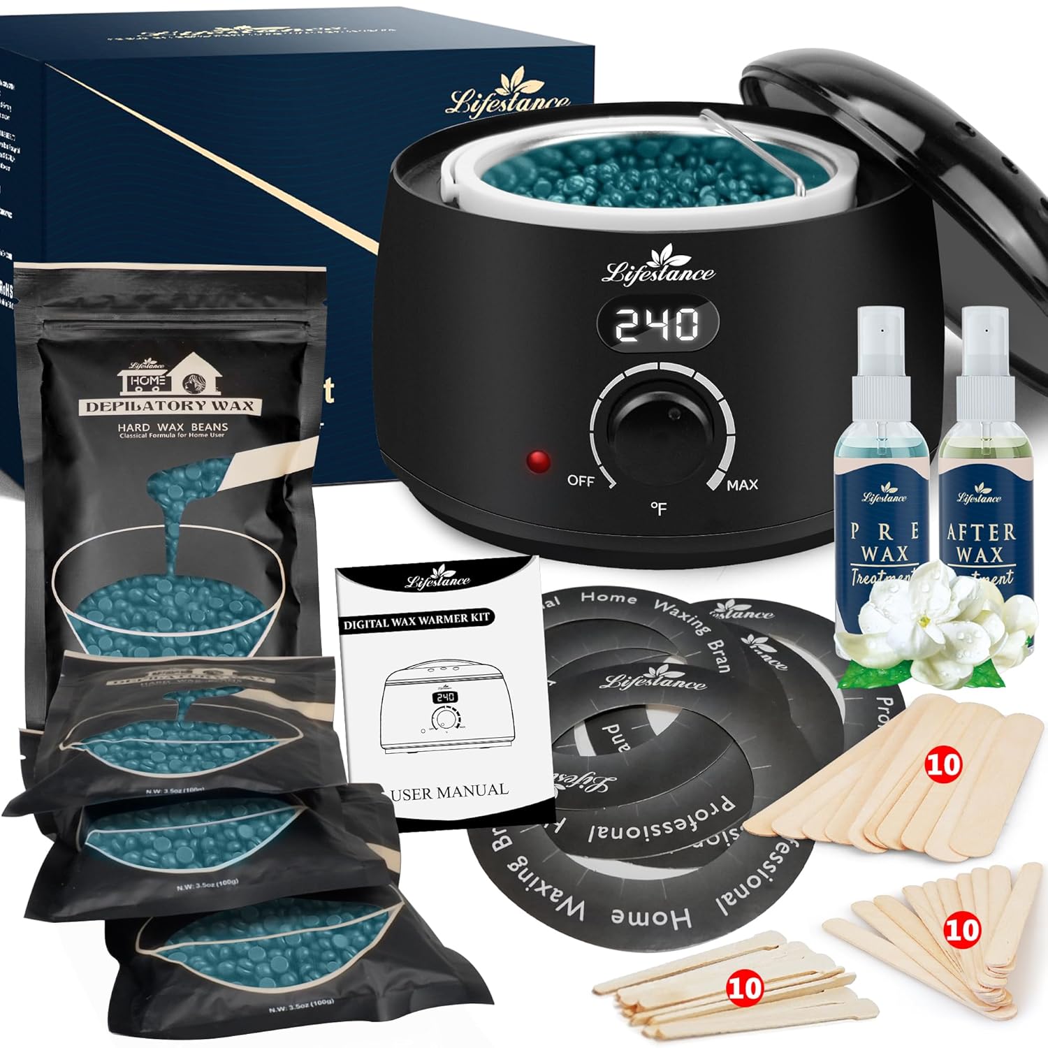 Lifestance Waxing Kit for Women & Men - L2 Digital Wax Pot Warmer, Brazilian & Bikini Hair Removal Kit with 14.1oz Hard Wax Beads & 42 Accessories, Professional for Face, Leg, Eyebrow, Body at Home