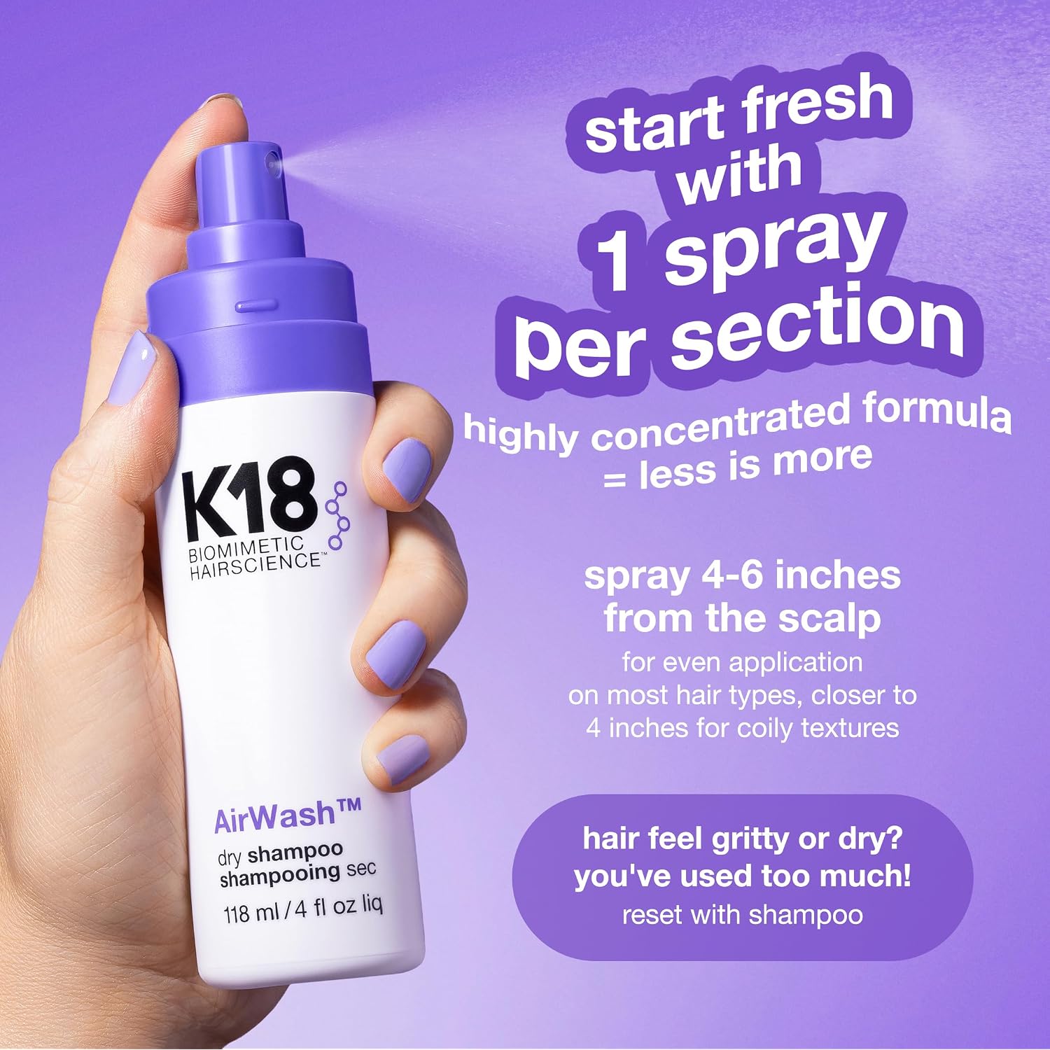 K18 Airwash™ Dry Shampoo, Non-Aerosol, Balances Scalp & Controls Excess Oil Production