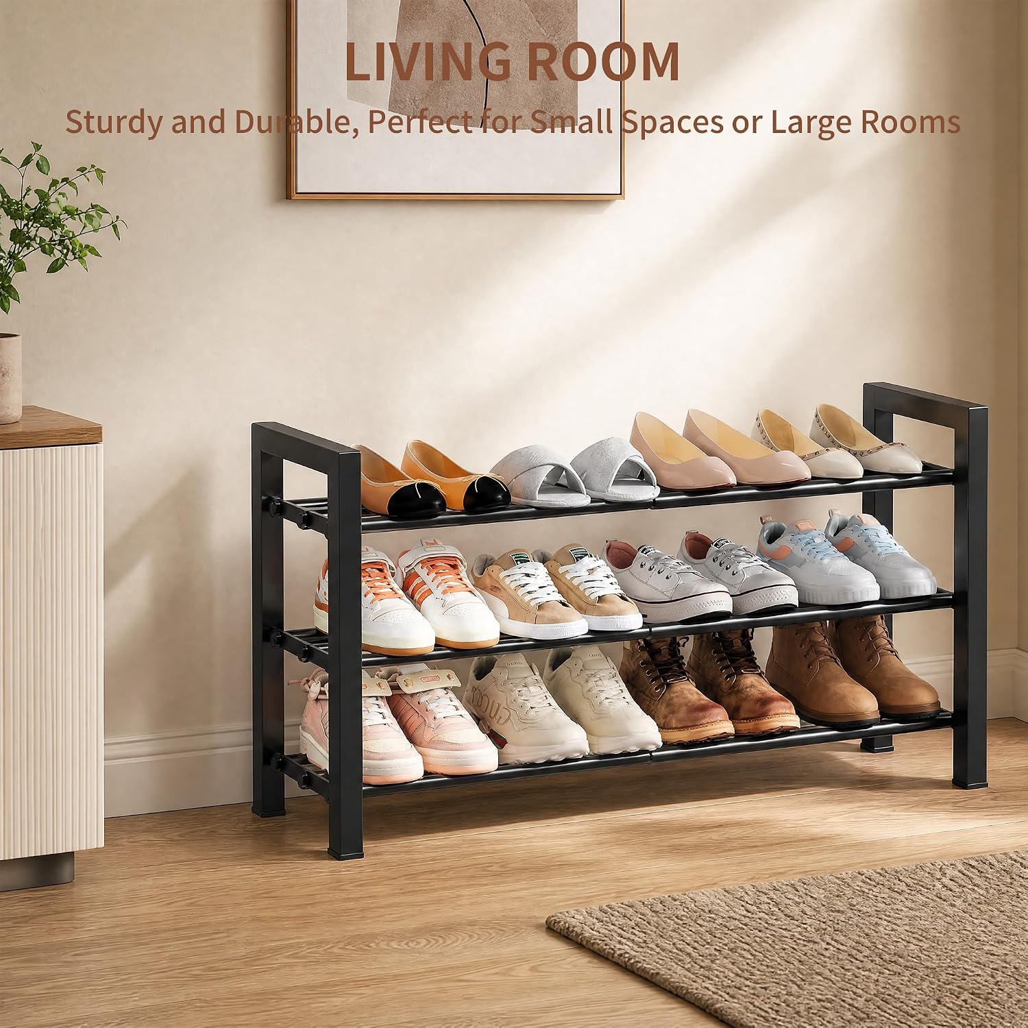 Upgraded 3-Tier Expandable Shoe Rack, Adjustable Shoe Shelf Storage Organizer Heavy Duty Metal Free Standing Shoe Rack For Entryway Closet Doorway (Black)