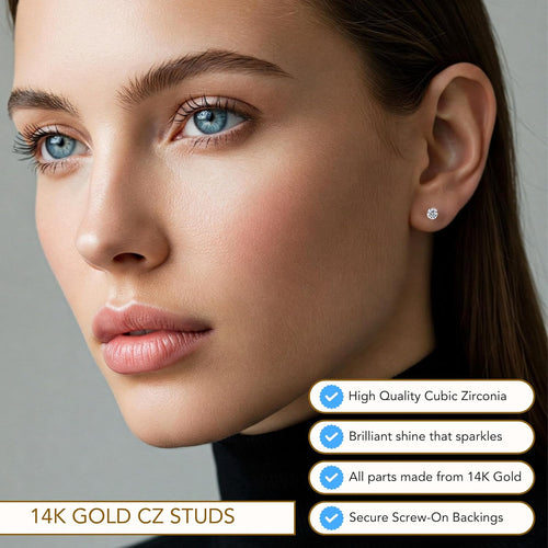 14k White Gold Solitaire Round Cubic Zirconia CZ Stud Earrings in Secure Screw-backs