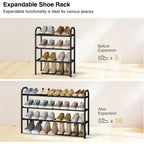 Expandable Shoe Rack, 3-Tier Metal Small Shoe Rack For Closet, Up To 16 Pairs Adjustable Shoes Racks Storage For Front Door Entrance, Free Standing Shoes Rack Organizer For Entryway, Black