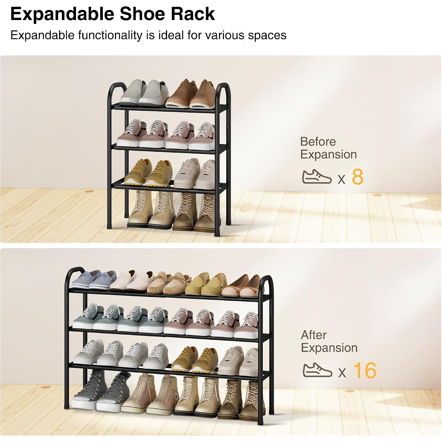 Expandable Shoe Rack, 3-Tier Metal Small Shoe Rack For Closet, Up To 16 Pairs Adjustable Shoes Racks Storage For Front Door Entrance, Free Standing Shoes Rack Organizer For Entryway, Black