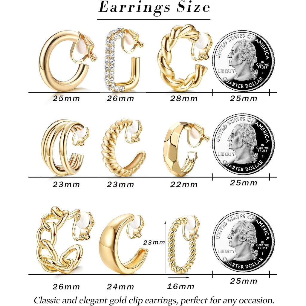 THUNARAZ 9 Pairs Clip on Earrings for Women 14K Gold Plated Chunky Hoop Clips Earring Trendy Clip on Hoop Earrings for Women Non-Pierced Fake Jewelry