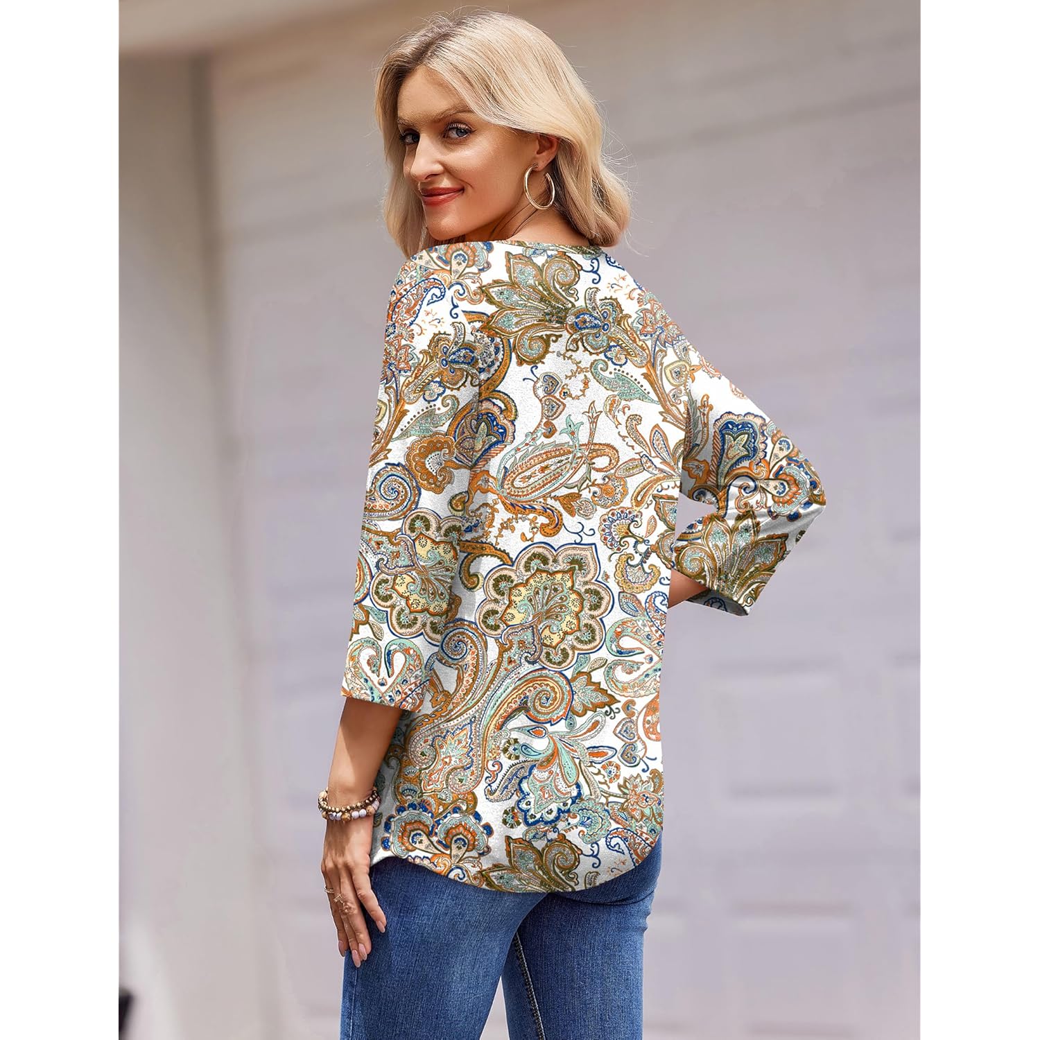 3/4 Length Sleeve Womens Tops Round Neck Casual Summer Tunic Tops Basic Tees Blouses Dressy T-Shirts Pleated Shirts