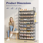 Kitsure Shoe Rack for Closet - 10-Tier Shoe Organizer with Hook Rack, Large-Capacity & Space-Saving Shoe Shelf for Entryway, Bedroom, Living Room,32.2" x 11.8" x 68.5", Black