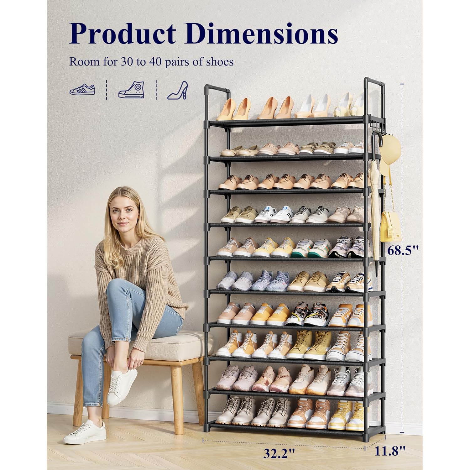 Kitsure Shoe Rack for Closet - 10-Tier Shoe Organizer with Hook Rack, Large-Capacity & Space-Saving Shoe Shelf for Entryway, Bedroom, Living Room,32.2" x 11.8" x 68.5", Black