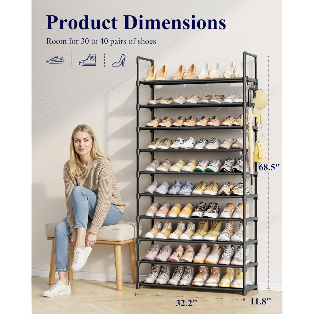 Kitsure Shoe Rack for Closet - 10-Tier Shoe Organizer with Hook Rack, Large-Capacity & Space-Saving Shoe Shelf for Entryway, Bedroom, Living Room,32.2" x 11.8" x 68.5", Black